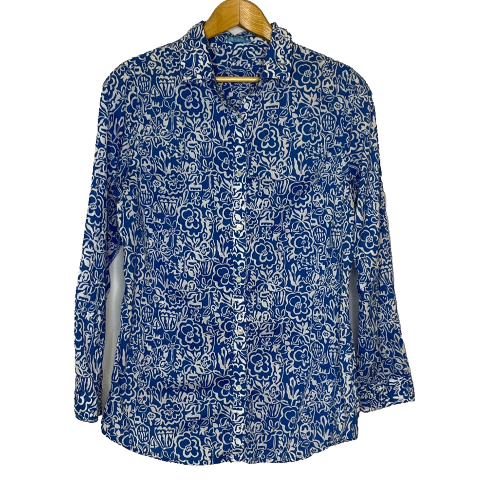 Women's Large J.McLaughlin Blue Floral Cotton Button Down Shirt
